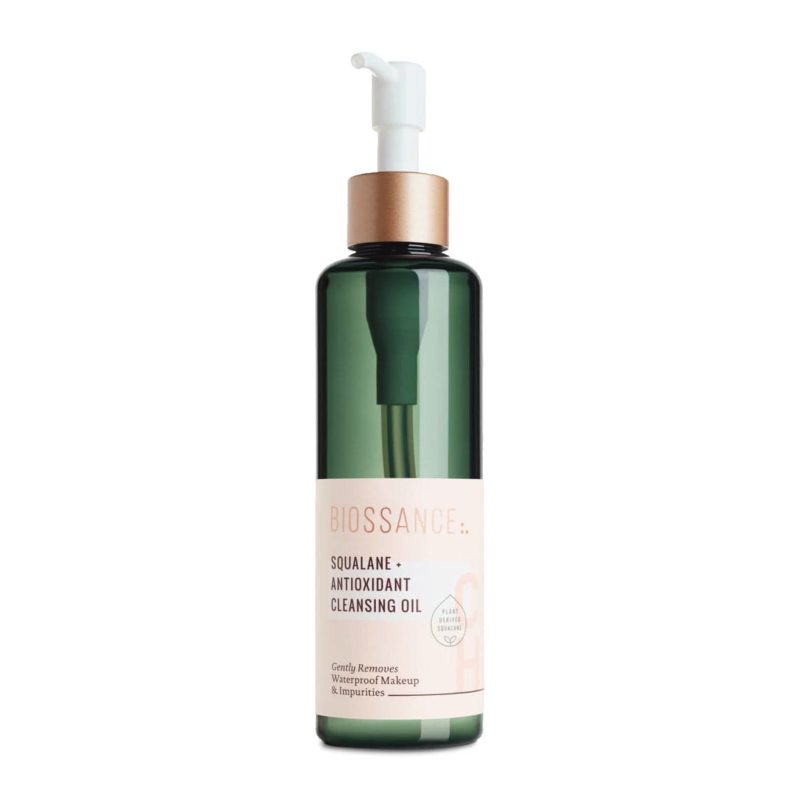 Dry skin all year fall, winter summer fall, Biossance CleansingOil A 200-ml pump bottle of Biossance Squalane + Antioxidant Cleansing Oil