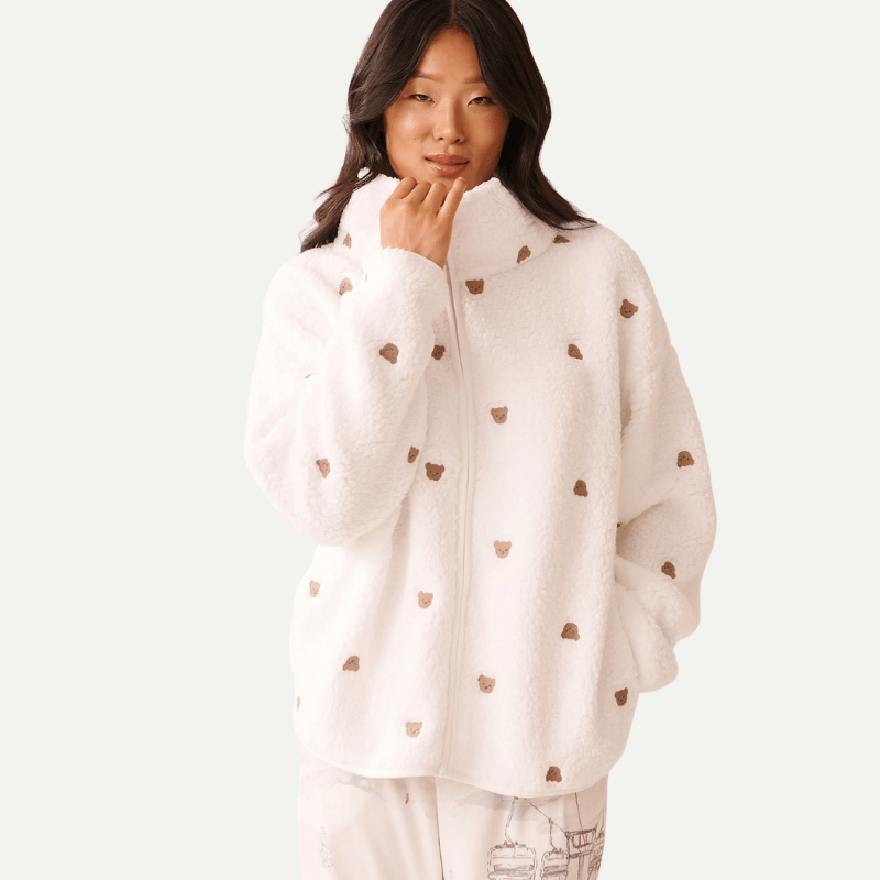 Teddy Bear Embroidered Sherpa Cardigan