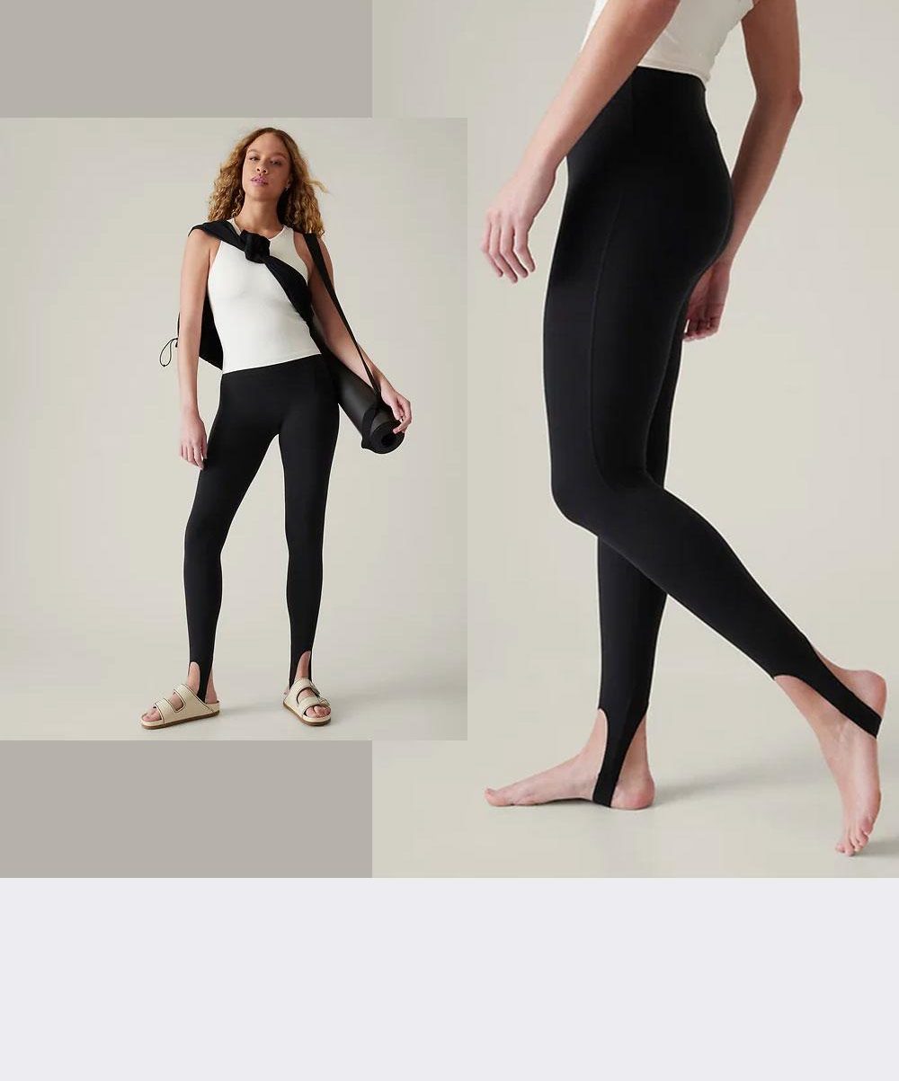 Woman is wearing stirrups that hit high above the ankles.