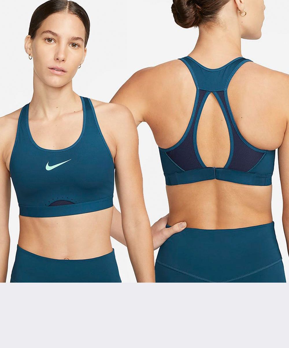 A woman wears a sports bra with a breathable chest panel and open back for hot HIIT classes.