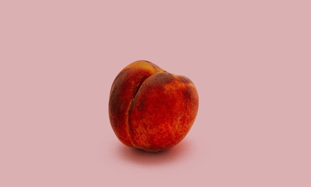 a peach sits on a blank background