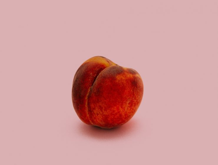 a peach sits on a blank background