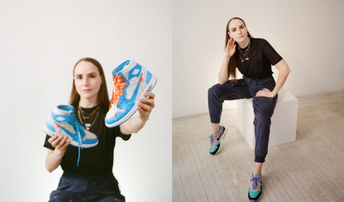 Hawley Dunbar holds a pair of Off-White Jordans