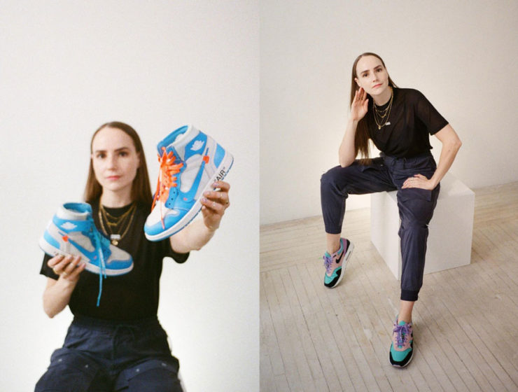 Hawley Dunbar holds a pair of Off-White Jordans