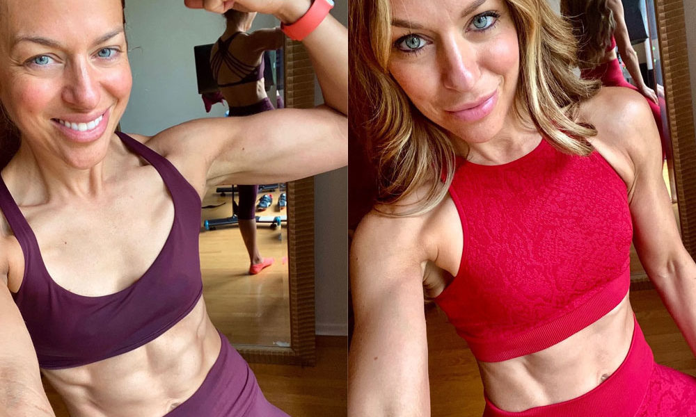 Two photos of Natalie Sexton taking #sweatselfies