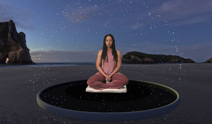 A woman is floating on a beach, with stars surrounded by stars, sitting cross-legged pillow. Very serene