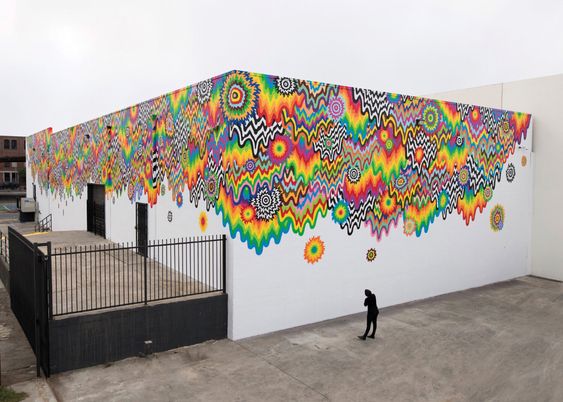Jen Stark. “Chromatic Cascade” (2017) Latex paint. Approx. 200’ x 27’. Installation view in LA Arts District.