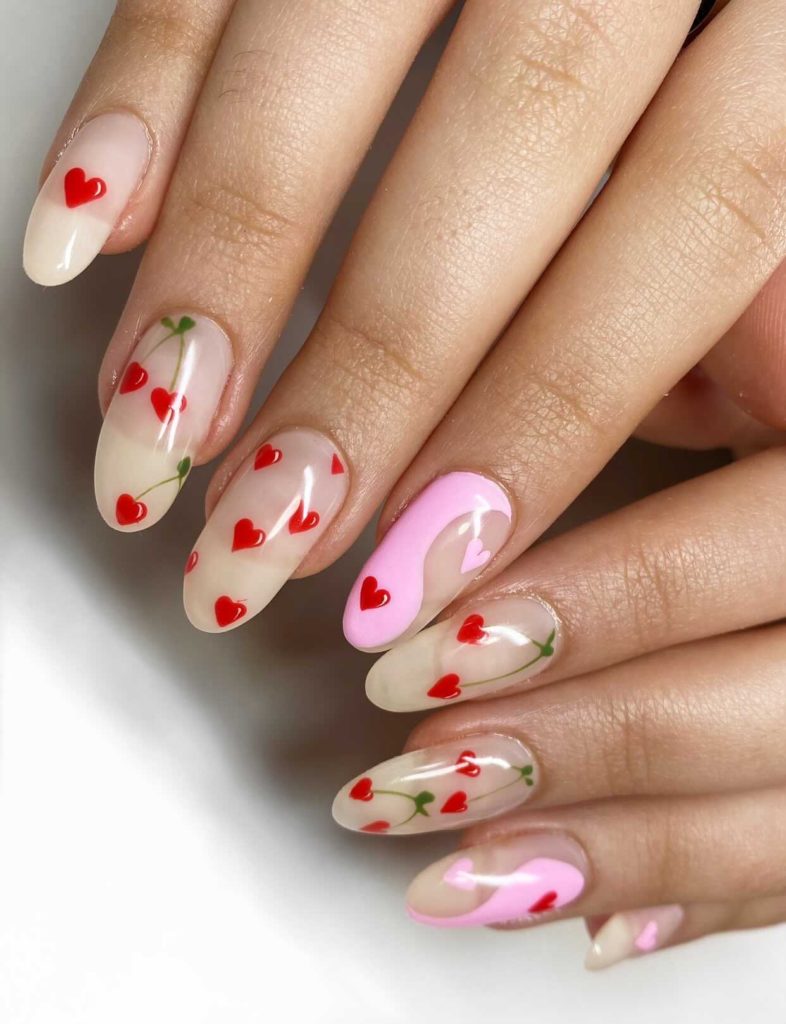 abstract nail art with hearts and cherry's