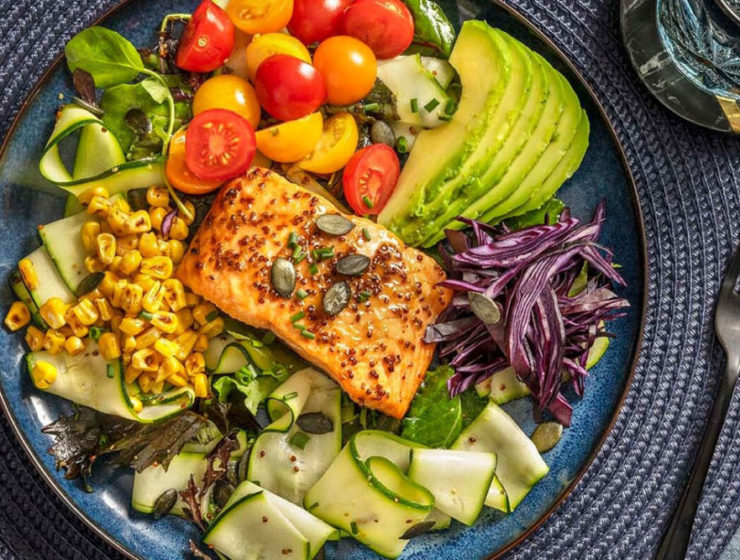 A plate of varied flavours and textures, with the salmon in the centre as the feature.