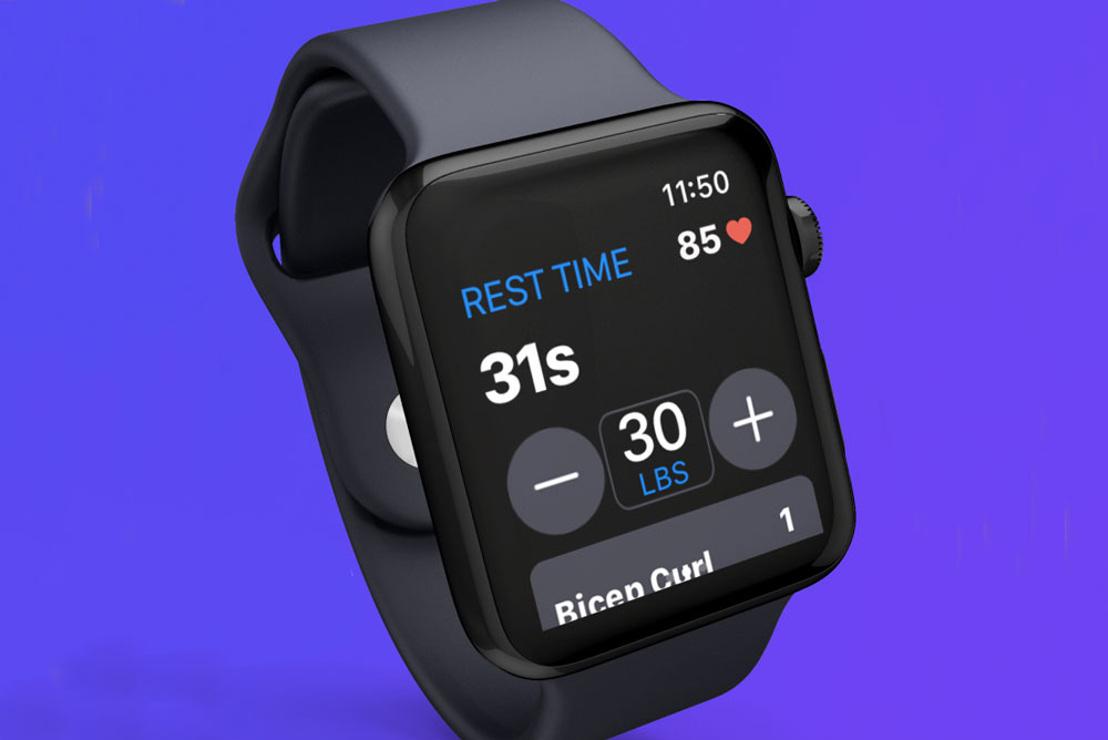 The Apple watch shows the middle of tracking the workout, with 31 seconds of rest left before the next 30lb biceps curl – which is a lot btw!