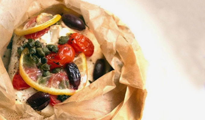 Halibut cooked in parchment paper is served as a gift!