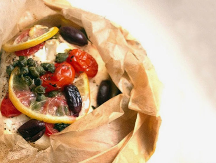 Halibut cooked in parchment paper is served as a gift!