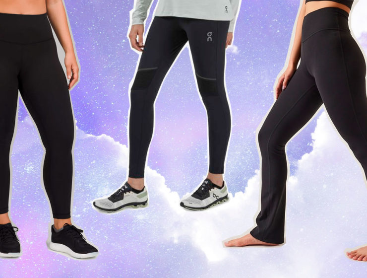 Three women, wearing leggings that don't roll when you exercise, stand confidently with a heavenly backdrop.