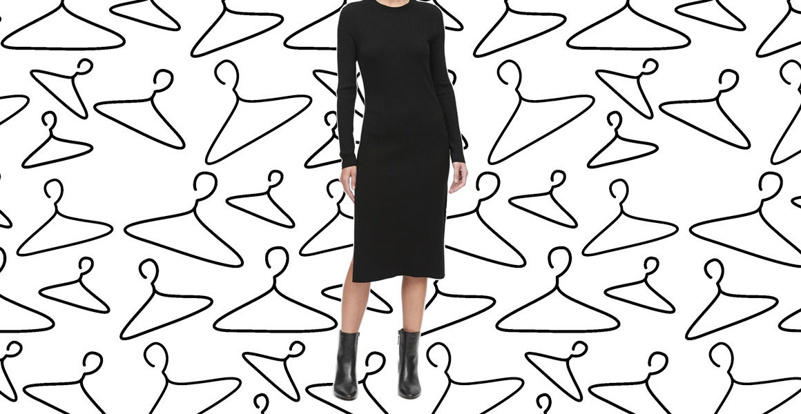 To illustrate a 10-day dress challenge, a black dress is cut out on a background of empty hangers.