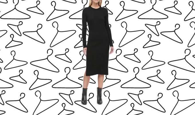 To illustrate a 10-day dress challenge, a black dress is cut out on a background of empty hangers.