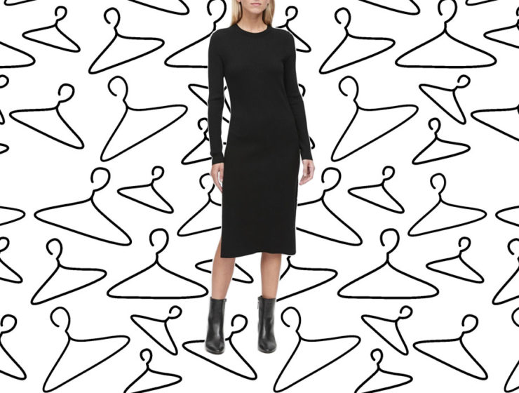 To illustrate a 10-day dress challenge, a black dress is cut out on a background of empty hangers.