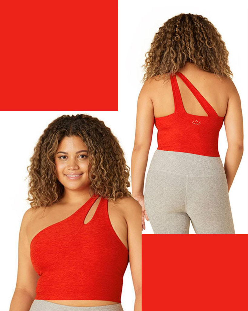 The back of this Beyond Yoga asymmetrical bra top has a dramatic back strap that supports both sides.