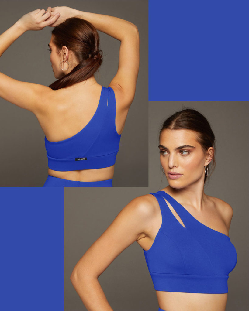Michi one-shoulder sports bra has a front strap cut-out.