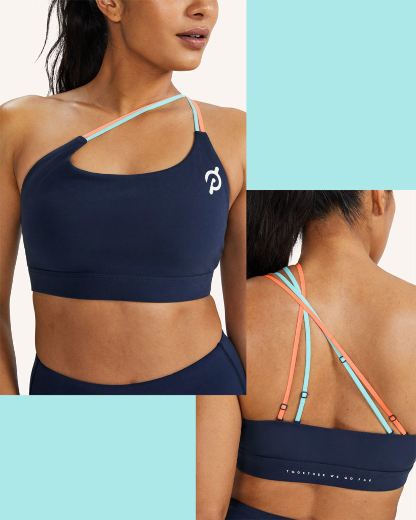 Peloton one-shoulder sports bra has four convertible straps to be worn multiple ways.