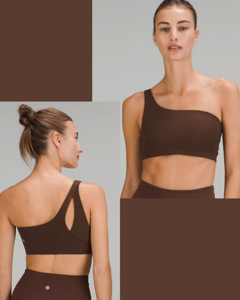 Lululemon one-shoulder bra features the cutout on the back strap.