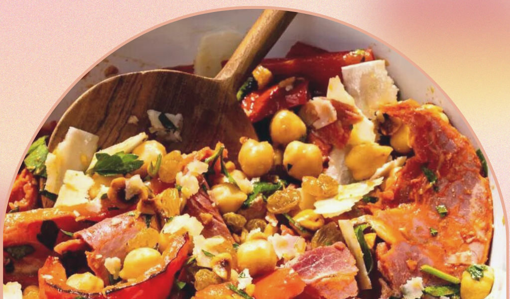 Protein power bowl of chickpeas, charred peppers and capicola