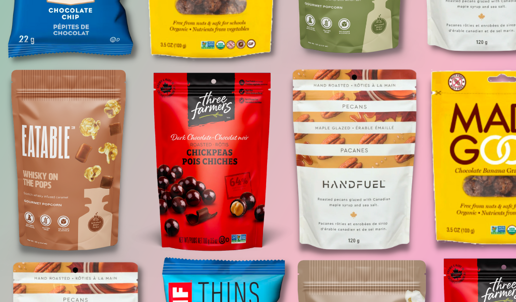 Our roundup of healthy snacks to buy in Canada: Clif Thins, Handfuel pecans, Made Good Minis, Eatable Popcorn and Three Farmers Chocolate Chickpeas