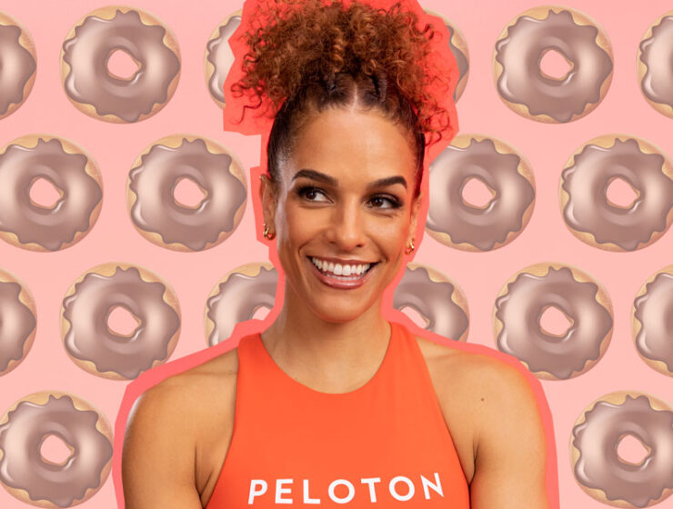 Peloton trainer Jess Sims and a glazed donuts illustration for a catchphrase she's known for.