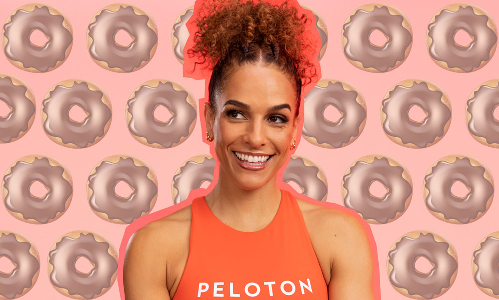 Peloton trainer Jess Sims and a glazed donuts illustration for a catchphrase she's known for.