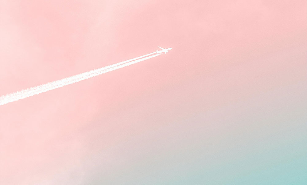 A plane in the pink sky, to symbolize a woman working in a male dominated industry in Canada