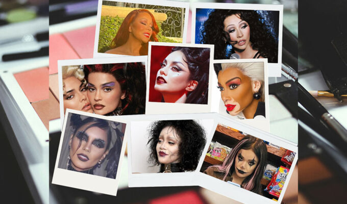 Photos of celebrities in their Halloween makeup and hidden or reshaped eyebrows.