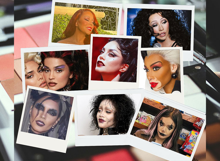 Photos of celebrities in their Halloween makeup and hidden or reshaped eyebrows.