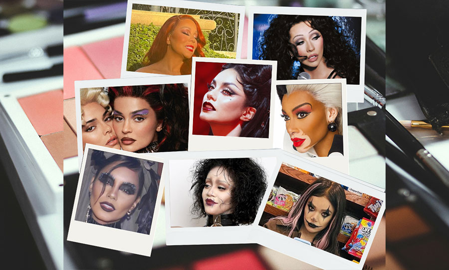 Photos of celebrities in their Halloween makeup and hidden or reshaped eyebrows.
