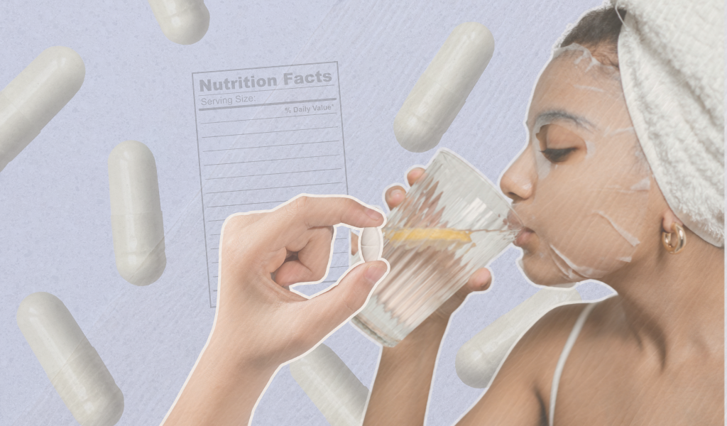 A woman taking supplements as she does a facial masque.