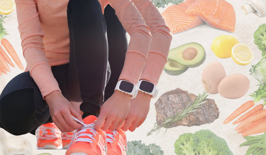 Food collage of protein, carbs and fat, as well as a young runner lacing up her running shoes.