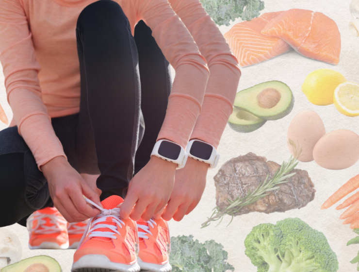 Food collage of protein, carbs and fat, as well as a young runner lacing up her running shoes.