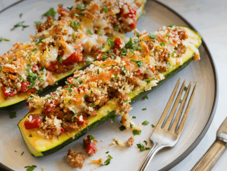 Two stuffed zucchini boats.