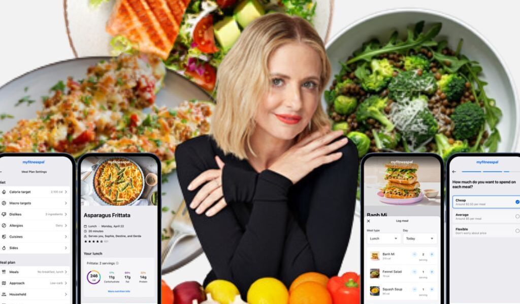 Sarah Michelle Gellar meal planning collage, with recipe dishes and MFP screen shots