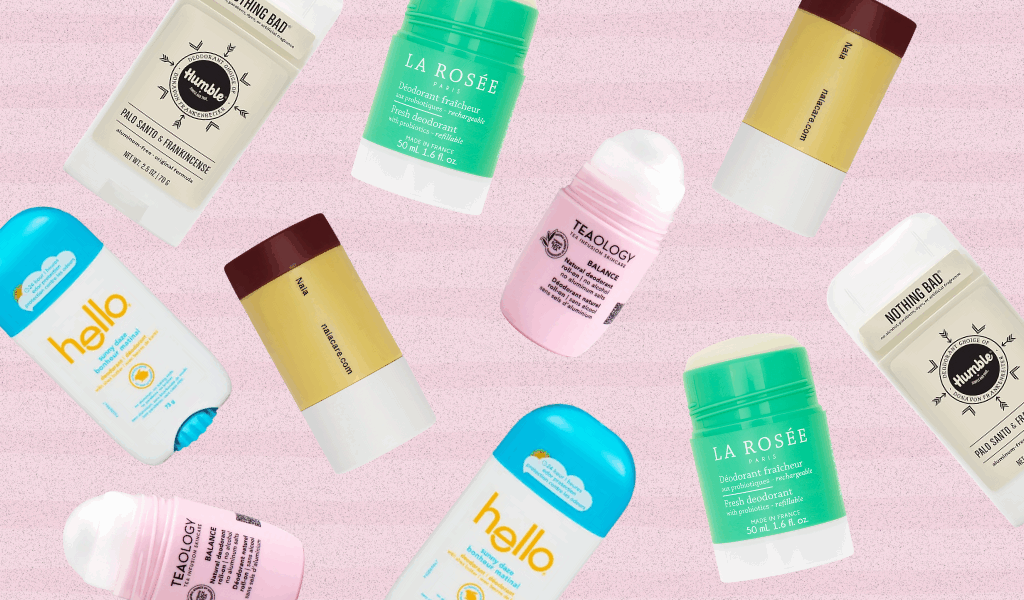 Flatlay of deodorants listed in article listing the best natural deodorants in Canada..