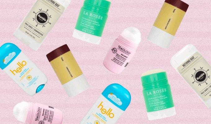 Flatlay of deodorants listed in article listing the best natural deodorants in Canada..